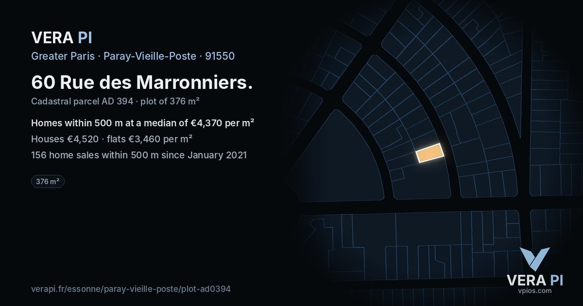 60 Rue des Marronniers, Paray-Vieille-Poste at night – the plot lit, the parcels around coloured by the prices near them