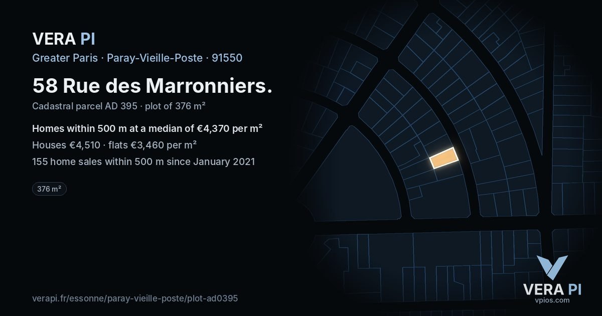 58 Rue des Marronniers, Paray-Vieille-Poste at night – the plot lit, the parcels around coloured by the prices near them