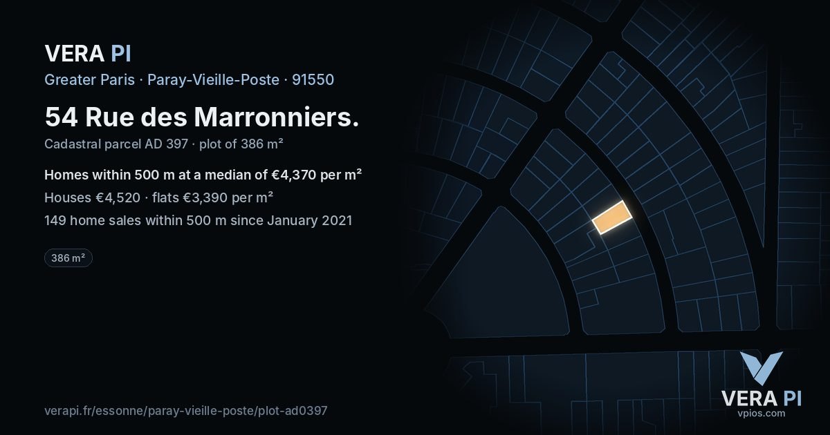 54 Rue des Marronniers, Paray-Vieille-Poste at night – the plot lit, the parcels around coloured by the prices near them