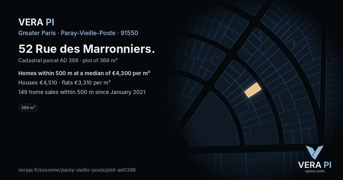 52 Rue des Marronniers, Paray-Vieille-Poste at night – the plot lit, the parcels around coloured by the prices near them