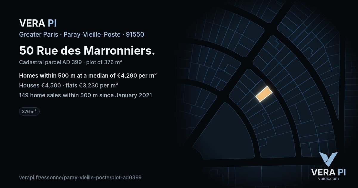 50 Rue des Marronniers, Paray-Vieille-Poste at night – the plot lit, the parcels around coloured by the prices near them