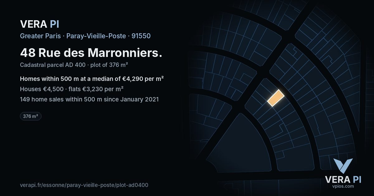 48 Rue des Marronniers, Paray-Vieille-Poste at night – the plot lit, the parcels around coloured by the prices near them