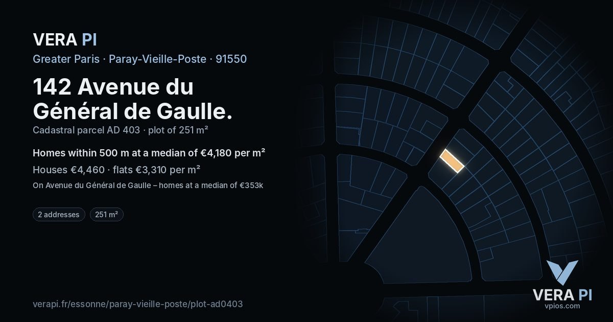 142 Avenue du Général de Gaulle, Paray-Vieille-Poste at night – the plot lit, the parcels around coloured by the prices near them
