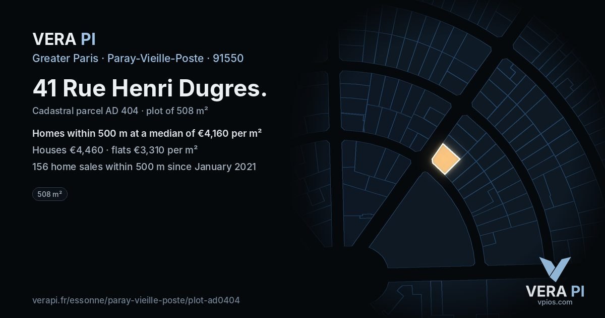 41 Rue Henri Dugres, Paray-Vieille-Poste at night – the plot lit, the parcels around coloured by the prices near them