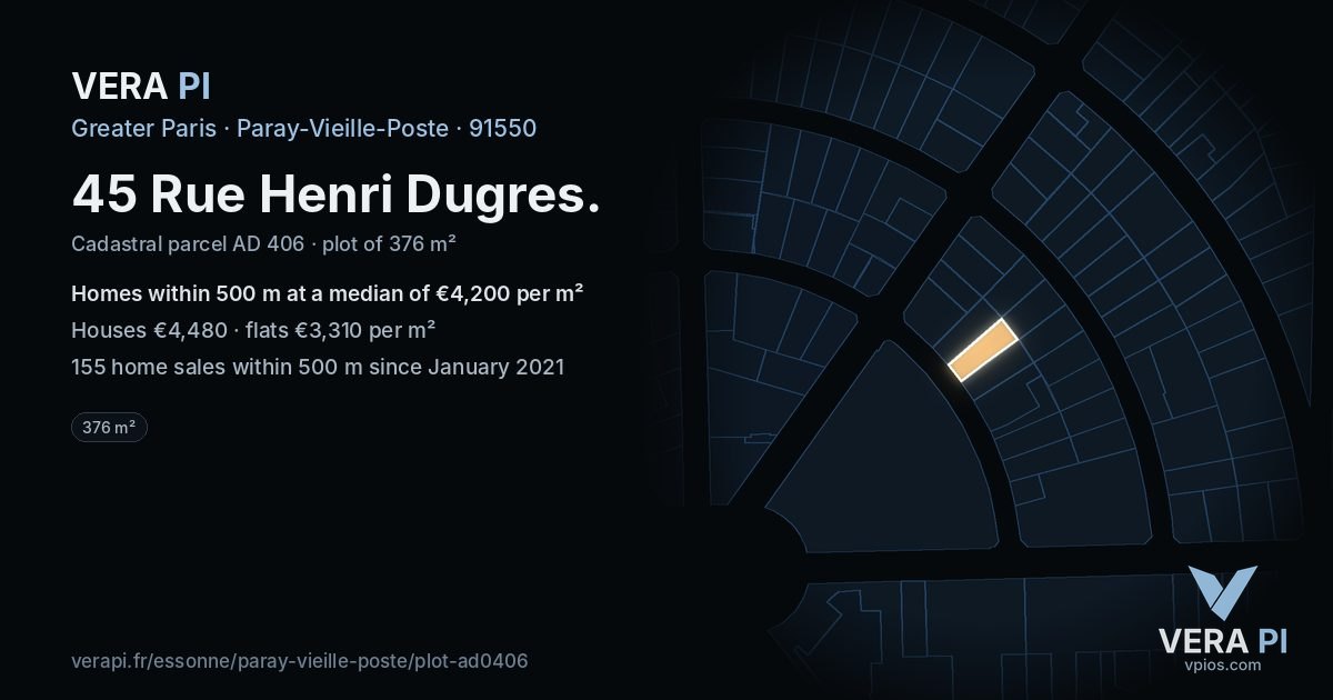 45 Rue Henri Dugres, Paray-Vieille-Poste at night – the plot lit, the parcels around coloured by the prices near them