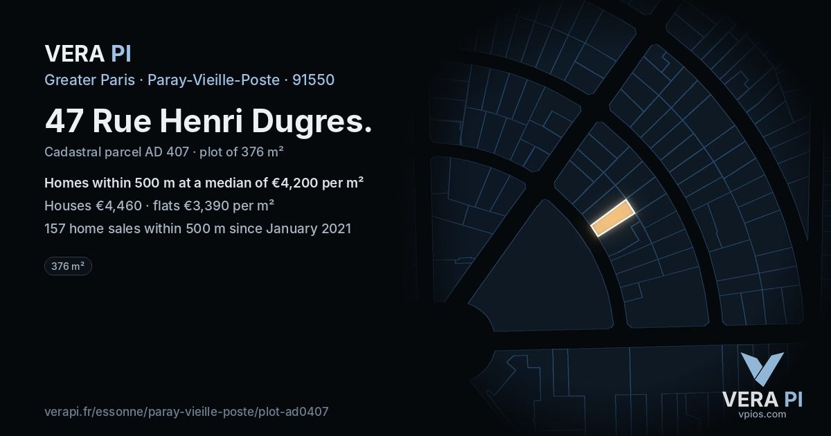 47 Rue Henri Dugres, Paray-Vieille-Poste at night – the plot lit, the parcels around coloured by the prices near them