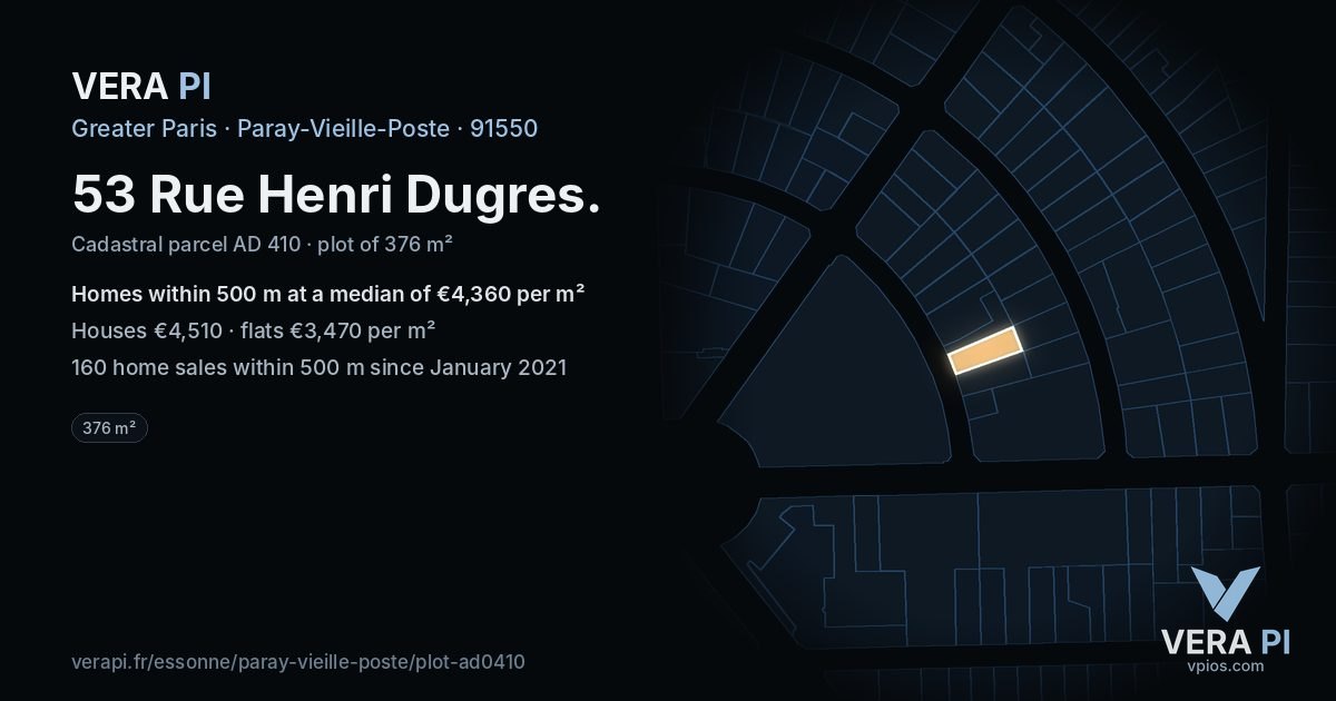 53 Rue Henri Dugres, Paray-Vieille-Poste at night – the plot lit, the parcels around coloured by the prices near them