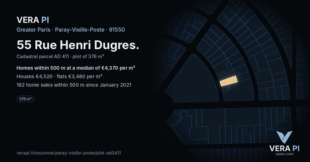 55 Rue Henri Dugres, Paray-Vieille-Poste at night – the plot lit, the parcels around coloured by the prices near them