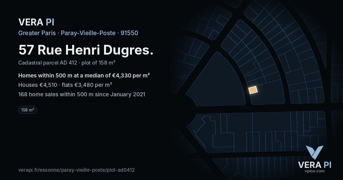 57 Rue Henri Dugres, Paray-Vieille-Poste at night – the plot lit, the parcels around coloured by the prices near them