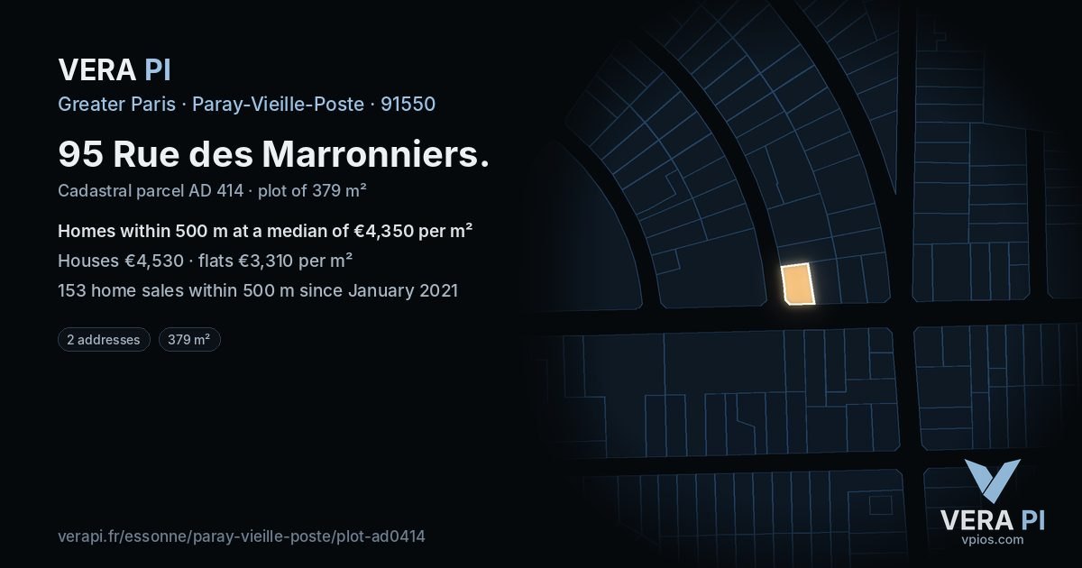 95 Rue des Marronniers, Paray-Vieille-Poste at night – the plot lit, the parcels around coloured by the prices near them