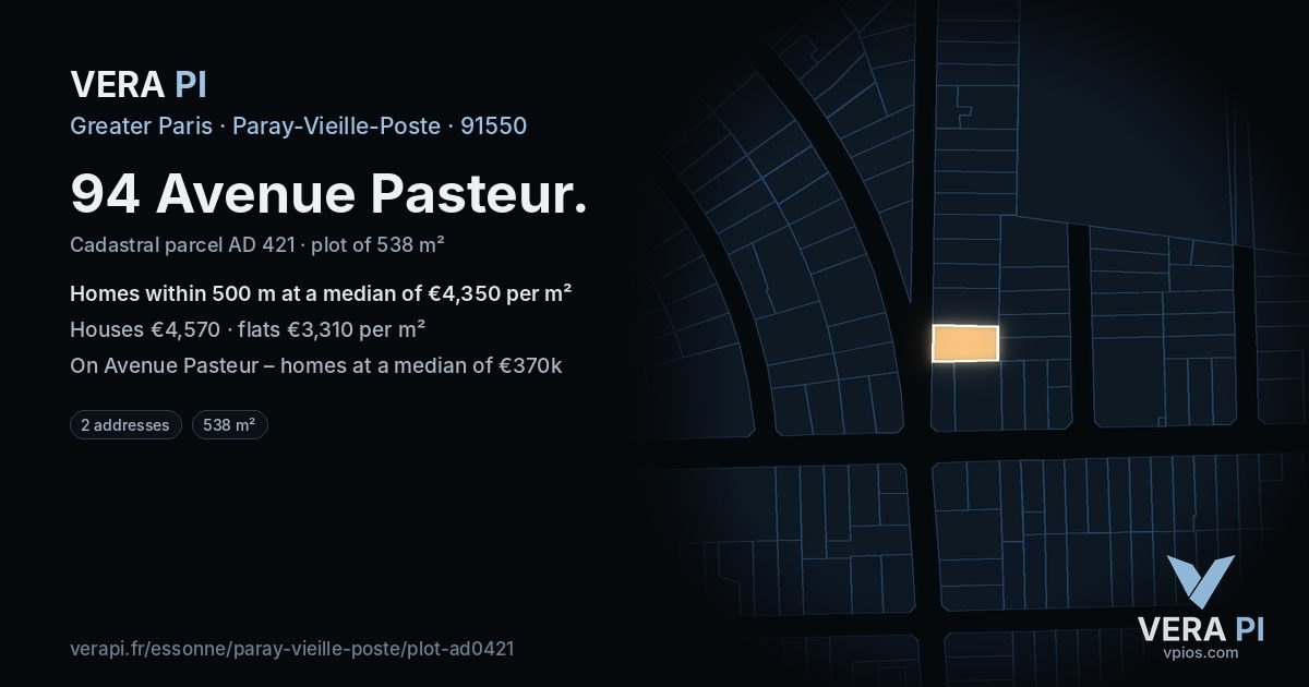 94 Avenue Pasteur, Paray-Vieille-Poste at night – the plot lit, the parcels around coloured by the prices near them