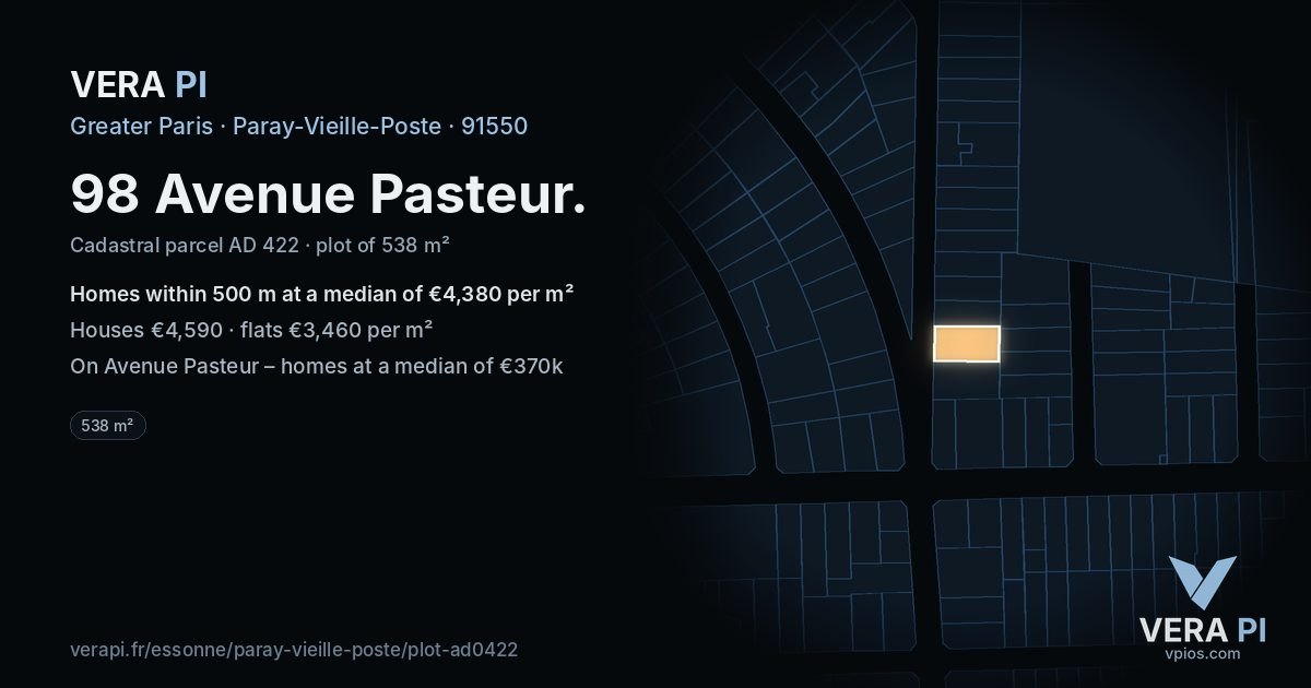98 Avenue Pasteur, Paray-Vieille-Poste at night – the plot lit, the parcels around coloured by the prices near them