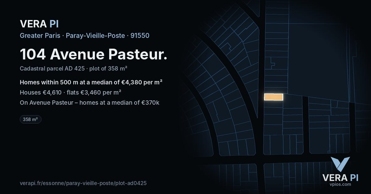 104 Avenue Pasteur, Paray-Vieille-Poste at night – the plot lit, the parcels around coloured by the prices near them