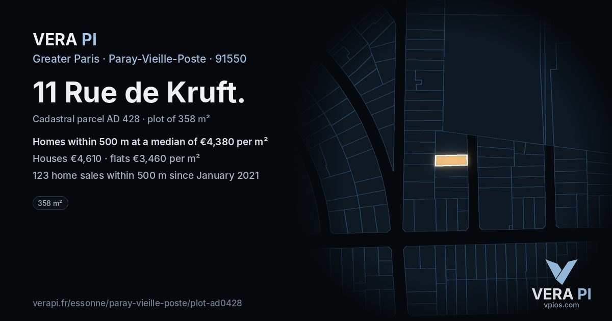 11 Rue de Kruft, Paray-Vieille-Poste at night – the plot lit, the parcels around coloured by the prices near them