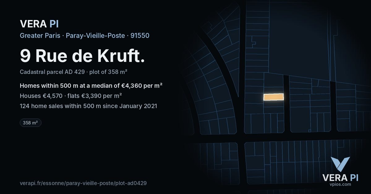 9 Rue de Kruft, Paray-Vieille-Poste at night – the plot lit, the parcels around coloured by the prices near them