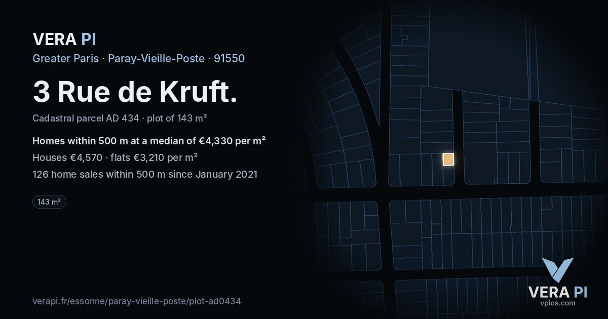 3 Rue de Kruft, Paray-Vieille-Poste at night – the plot lit, the parcels around coloured by the prices near them