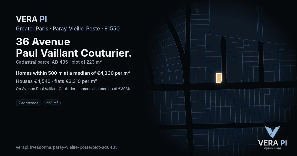 36 Avenue Paul Vaillant Couturier, Paray-Vieille-Poste at night – the plot lit, the parcels around coloured by the prices near them