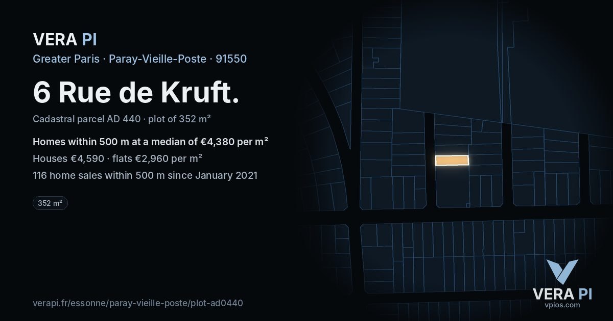 6 Rue de Kruft, Paray-Vieille-Poste at night – the plot lit, the parcels around coloured by the prices near them