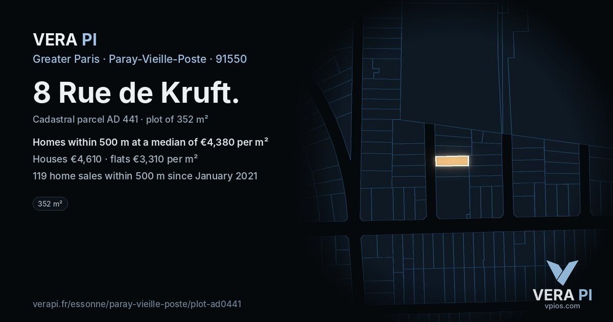 8 Rue de Kruft, Paray-Vieille-Poste at night – the plot lit, the parcels around coloured by the prices near them