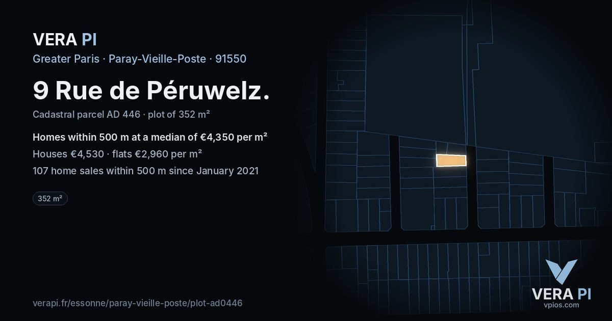 9 Rue de Péruwelz, Paray-Vieille-Poste at night – the plot lit, the parcels around coloured by the prices near them