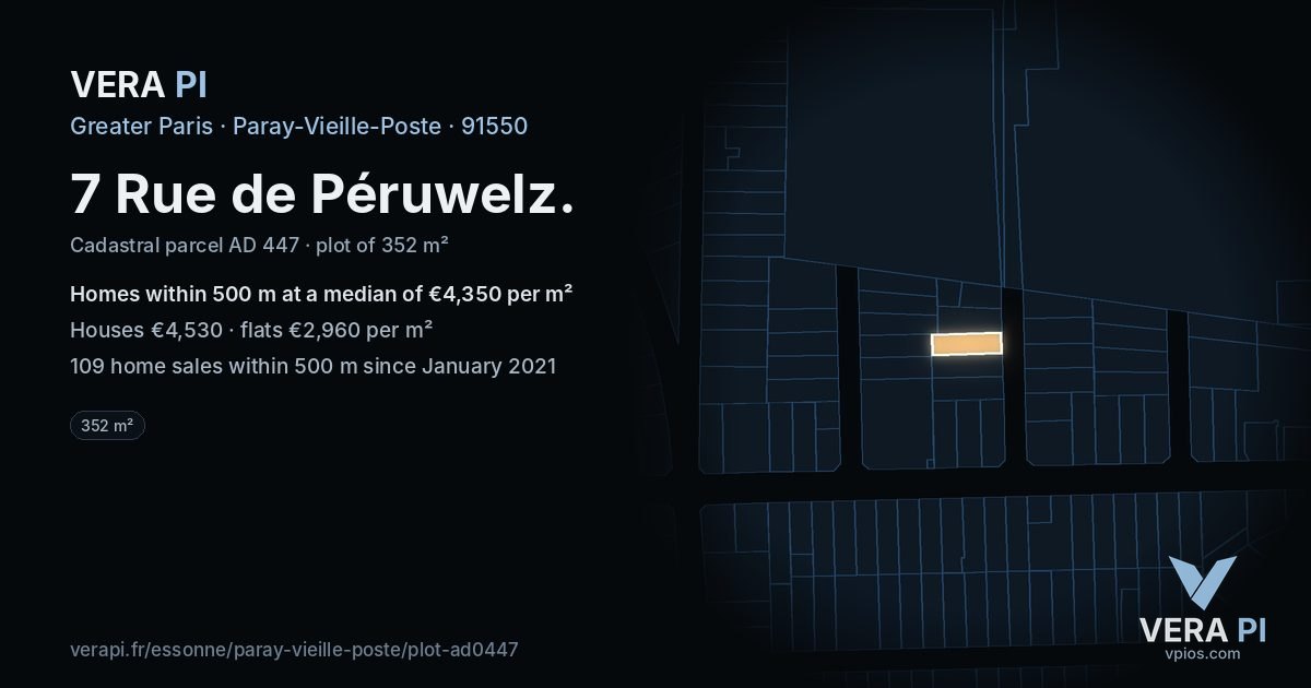 7 Rue de Péruwelz, Paray-Vieille-Poste at night – the plot lit, the parcels around coloured by the prices near them