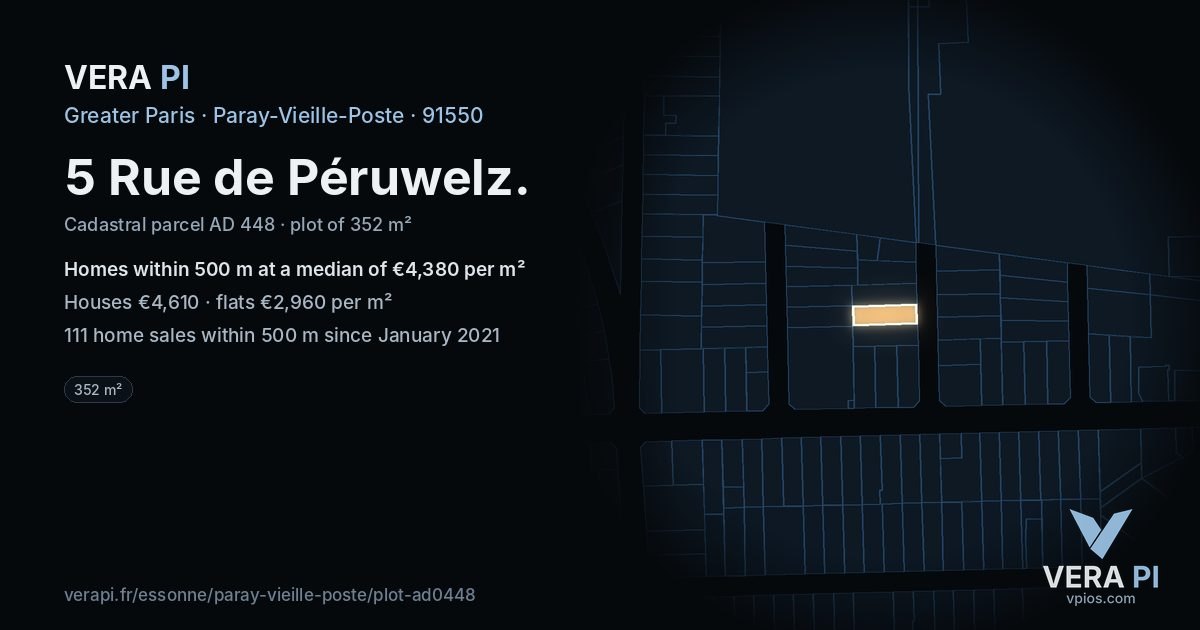5 Rue de Péruwelz, Paray-Vieille-Poste at night – the plot lit, the parcels around coloured by the prices near them