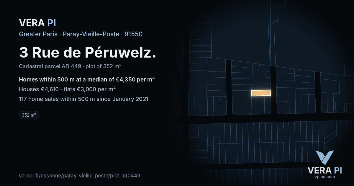 3 Rue de Péruwelz, Paray-Vieille-Poste at night – the plot lit, the parcels around coloured by the prices near them