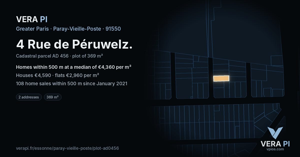4 Rue de Péruwelz, Paray-Vieille-Poste at night – the plot lit, the parcels around coloured by the prices near them