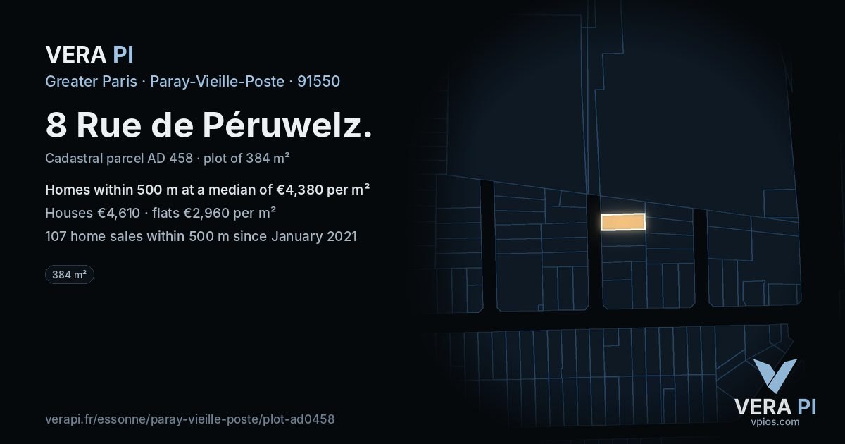 8 Rue de Péruwelz, Paray-Vieille-Poste at night – the plot lit, the parcels around coloured by the prices near them