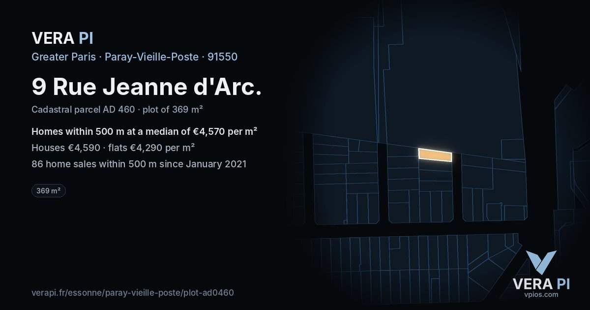 9 Rue Jeanne d'Arc, Paray-Vieille-Poste at night – the plot lit, the parcels around coloured by the prices near them