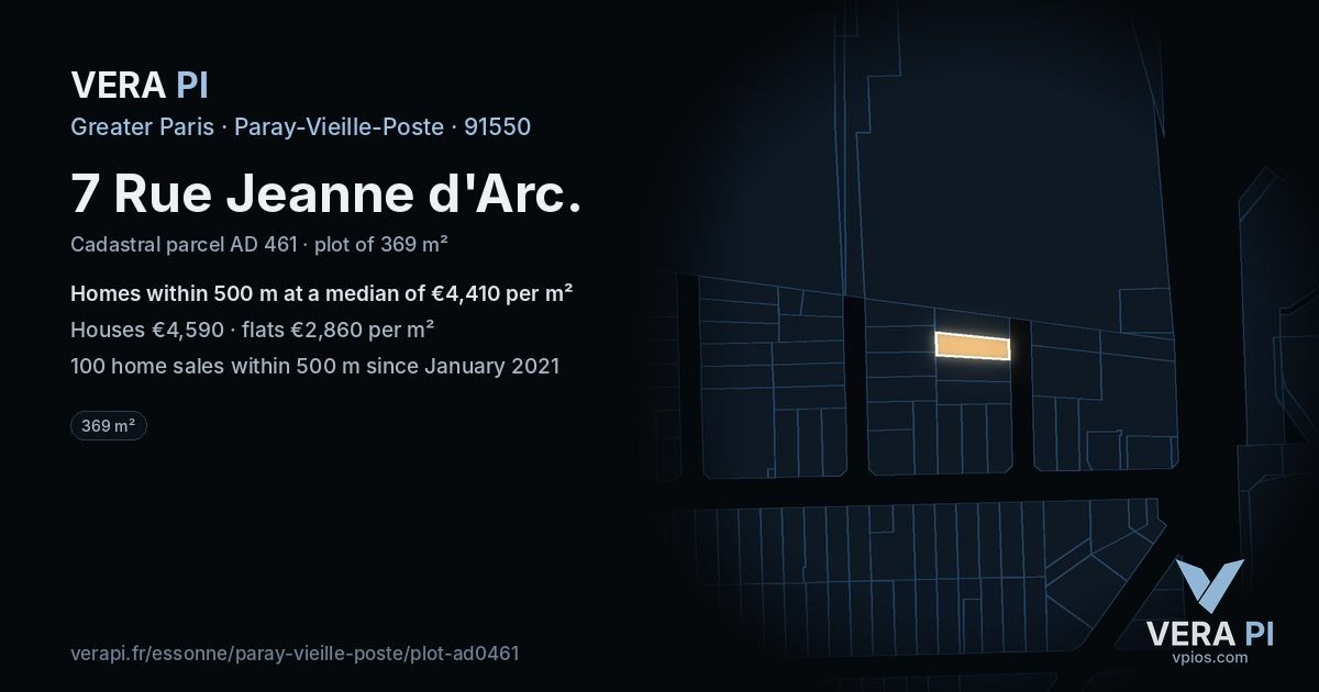 7 Rue Jeanne d'Arc, Paray-Vieille-Poste at night – the plot lit, the parcels around coloured by the prices near them