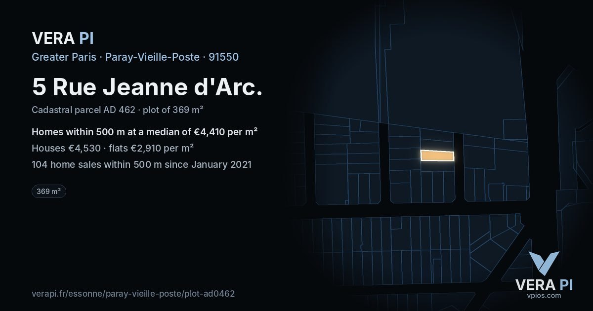5 Rue Jeanne d'Arc, Paray-Vieille-Poste at night – the plot lit, the parcels around coloured by the prices near them