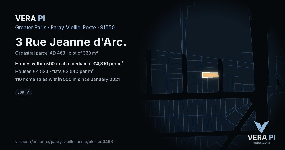 3 Rue Jeanne d'Arc, Paray-Vieille-Poste at night – the plot lit, the parcels around coloured by the prices near them