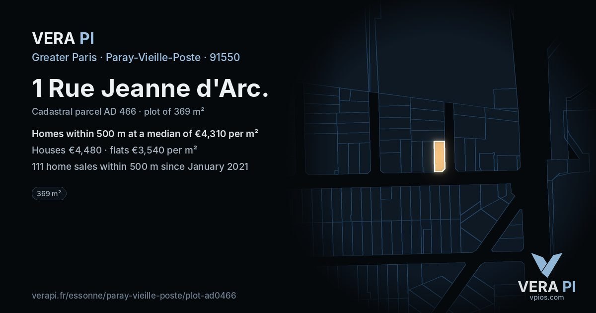 1 Rue Jeanne d'Arc, Paray-Vieille-Poste at night – the plot lit, the parcels around coloured by the prices near them