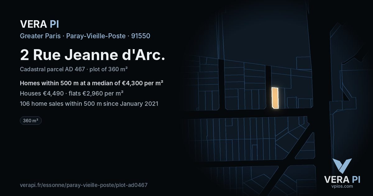 2 Rue Jeanne d'Arc, Paray-Vieille-Poste at night – the plot lit, the parcels around coloured by the prices near them