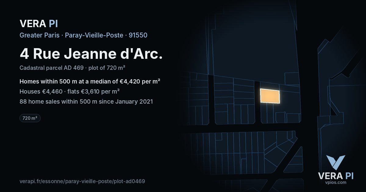 4 Rue Jeanne d'Arc, Paray-Vieille-Poste at night – the plot lit, the parcels around coloured by the prices near them