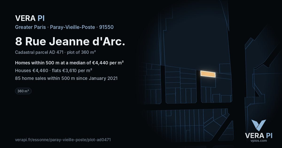 8 Rue Jeanne d'Arc, Paray-Vieille-Poste at night – the plot lit, the parcels around coloured by the prices near them