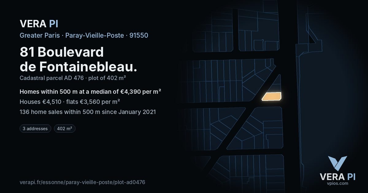 81 Boulevard de Fontainebleau, Paray-Vieille-Poste at night – the plot lit, the parcels around coloured by the prices near them
