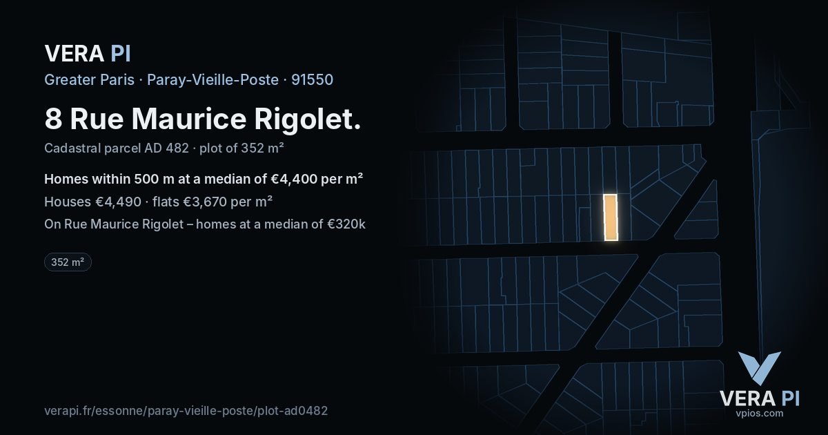 8 Rue Maurice Rigolet, Paray-Vieille-Poste at night – the plot lit, the parcels around coloured by the prices near them