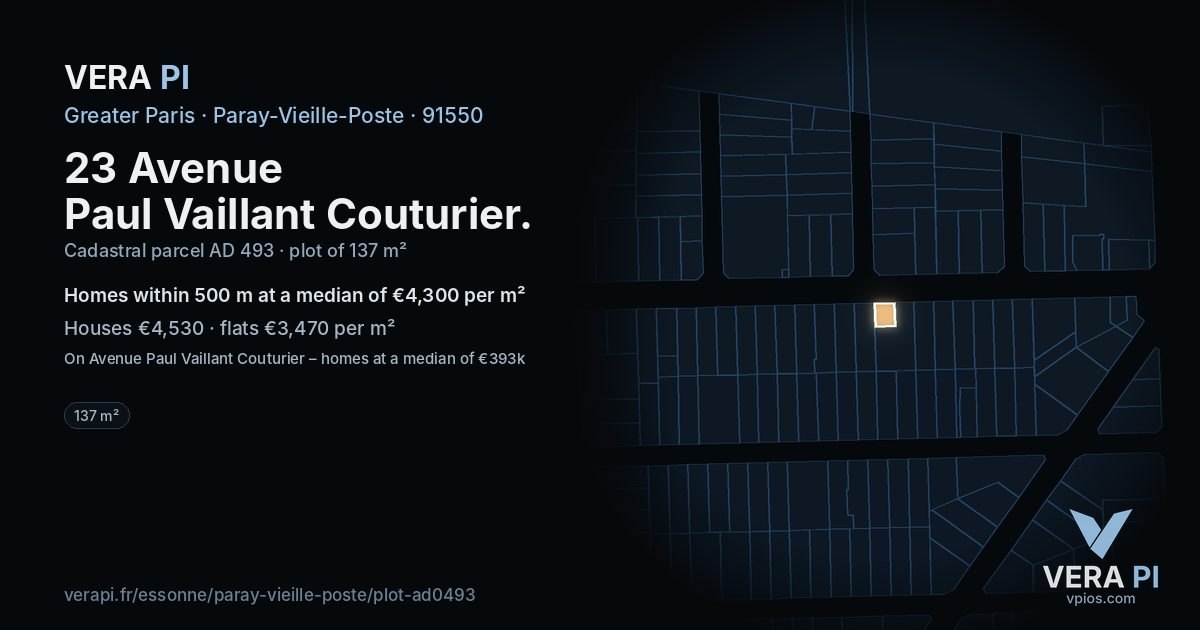23 Avenue Paul Vaillant Couturier, Paray-Vieille-Poste at night – the plot lit, the parcels around coloured by the prices near them