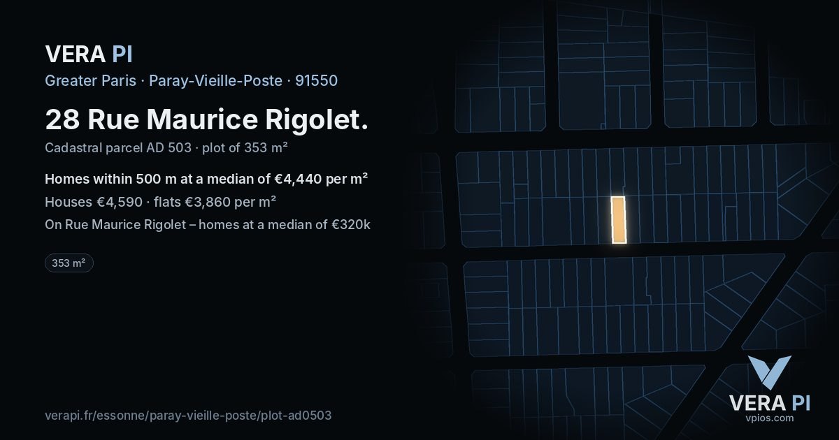 28 Rue Maurice Rigolet, Paray-Vieille-Poste at night – the plot lit, the parcels around coloured by the prices near them