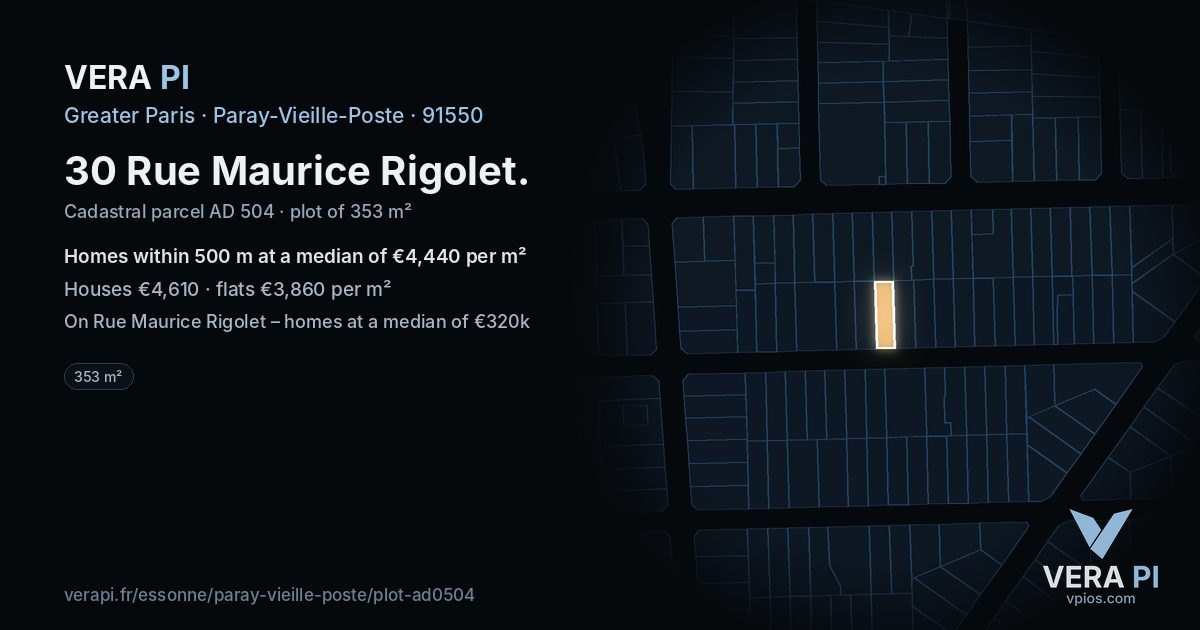 30 Rue Maurice Rigolet, Paray-Vieille-Poste at night – the plot lit, the parcels around coloured by the prices near them