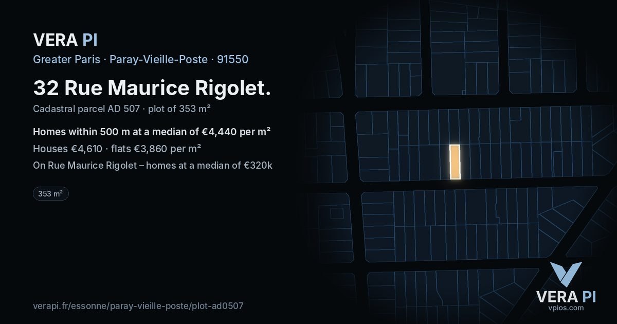 32 Rue Maurice Rigolet, Paray-Vieille-Poste at night – the plot lit, the parcels around coloured by the prices near them