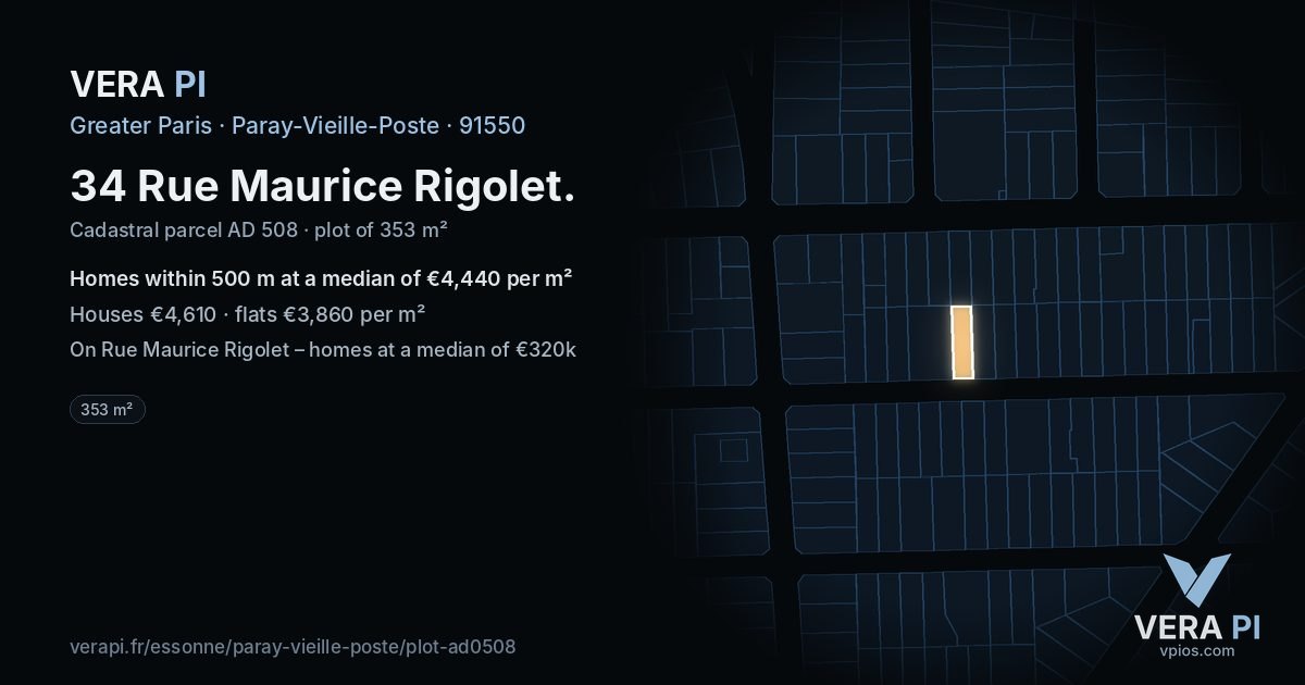 34 Rue Maurice Rigolet, Paray-Vieille-Poste at night – the plot lit, the parcels around coloured by the prices near them