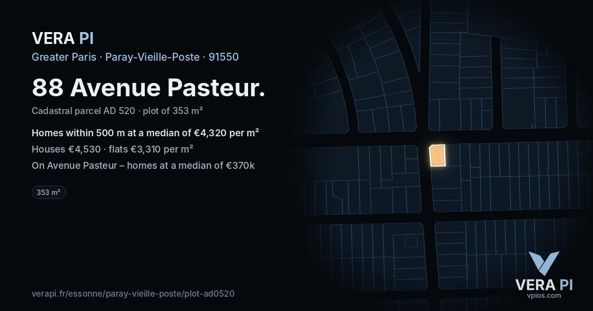 88 Avenue Pasteur, Paray-Vieille-Poste at night – the plot lit, the parcels around coloured by the prices near them