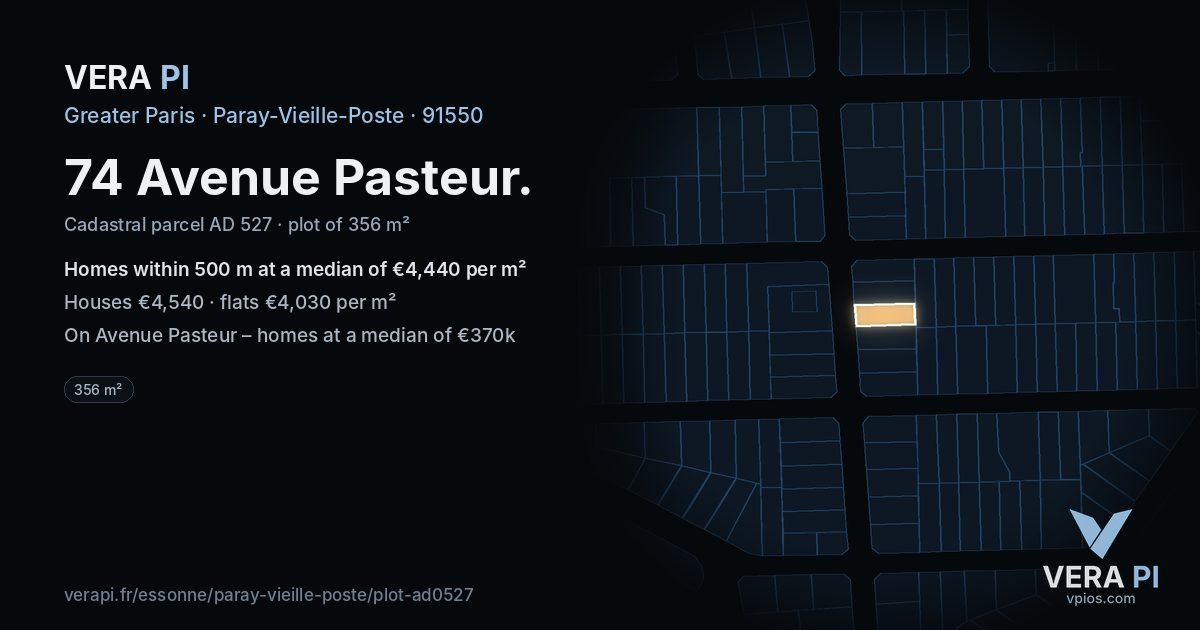 74 Avenue Pasteur, Paray-Vieille-Poste at night – the plot lit, the parcels around coloured by the prices near them