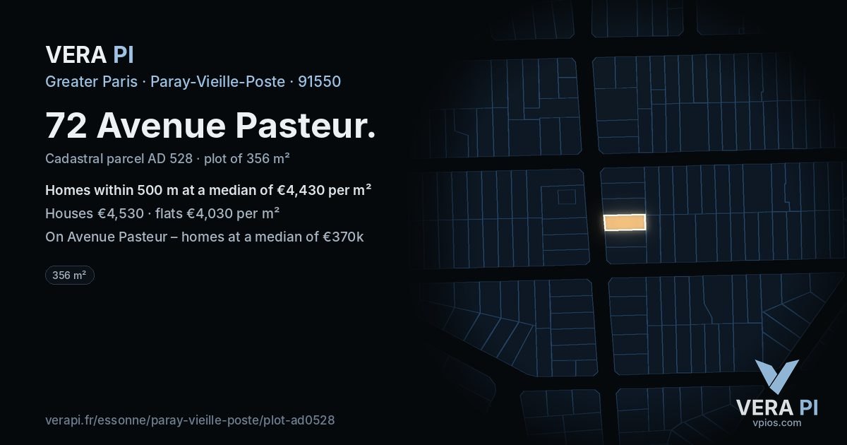 72 Avenue Pasteur, Paray-Vieille-Poste at night – the plot lit, the parcels around coloured by the prices near them