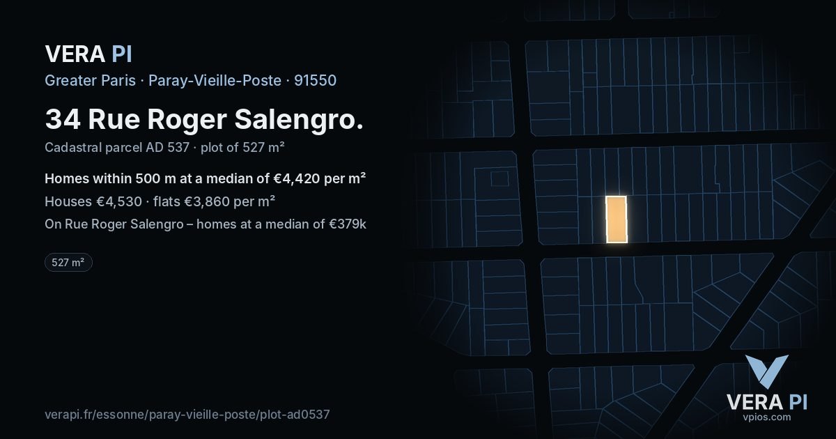 34 Rue Roger Salengro, Paray-Vieille-Poste at night – the plot lit, the parcels around coloured by the prices near them