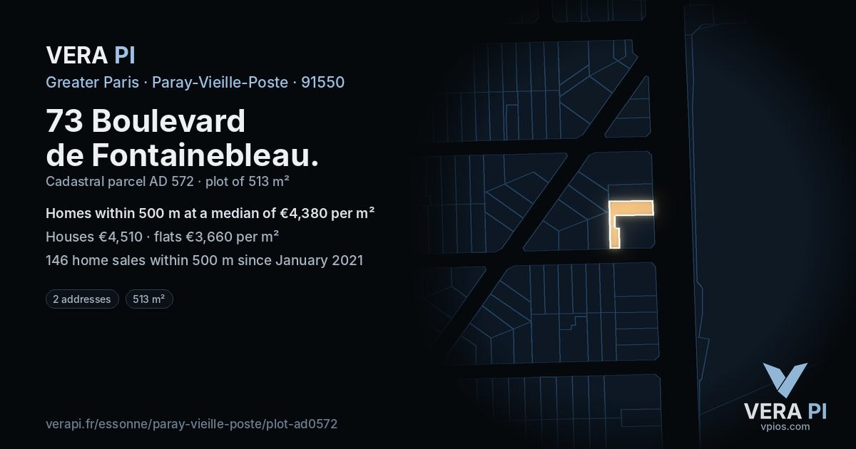 73 Boulevard de Fontainebleau, Paray-Vieille-Poste at night – the plot lit, the parcels around coloured by the prices near them