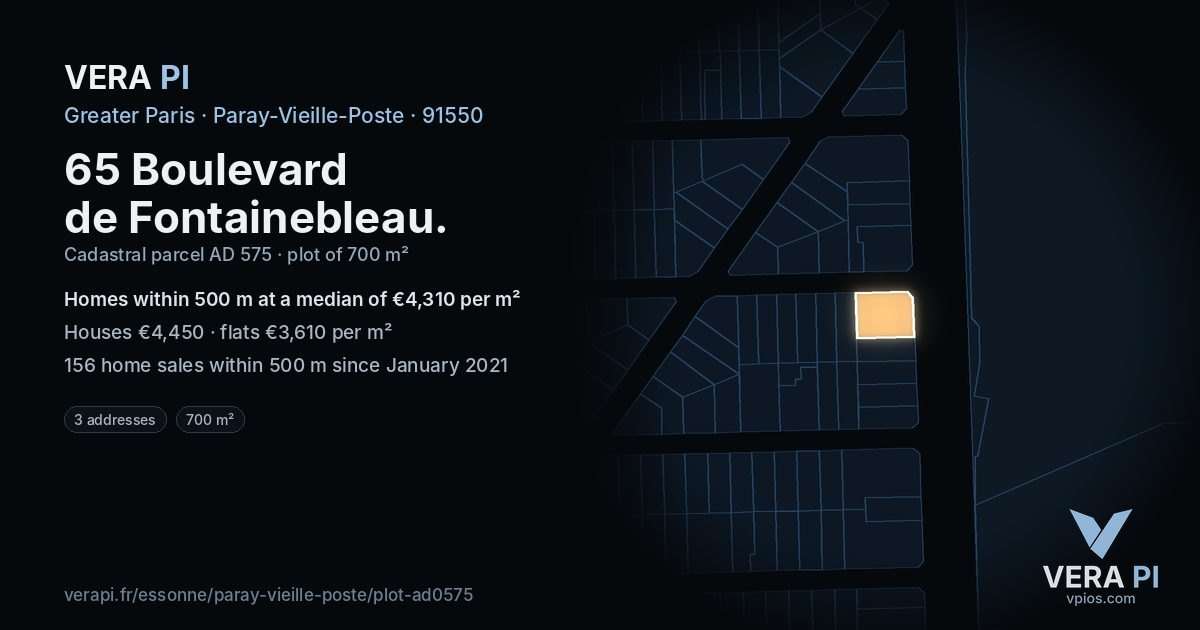 65 Boulevard de Fontainebleau, Paray-Vieille-Poste at night – the plot lit, the parcels around coloured by the prices near them